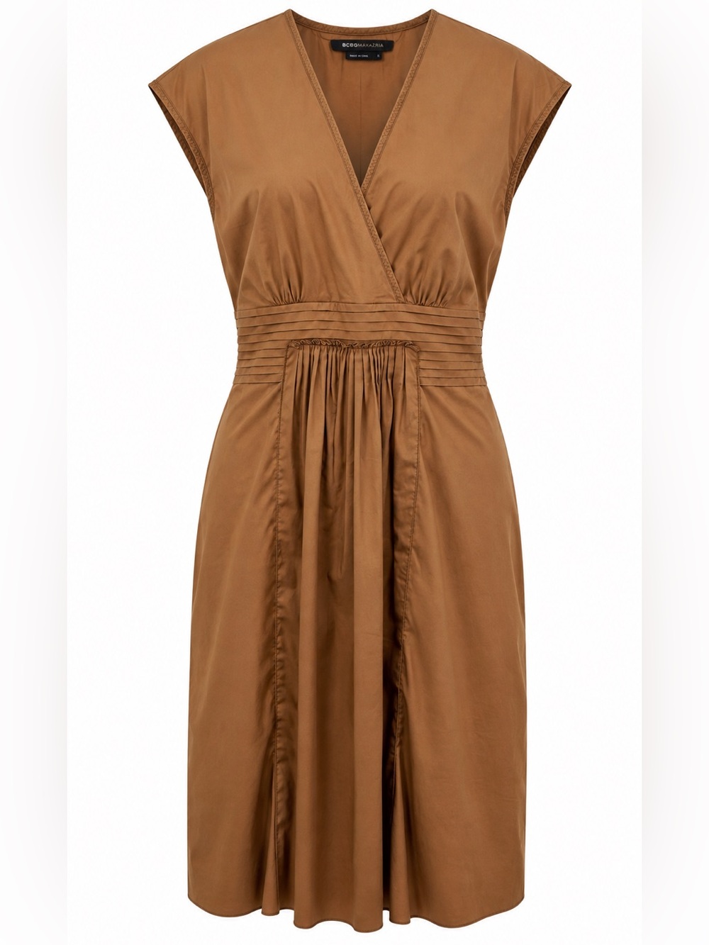 BCBGMaxAzria Camel Brown V‑Neck Pleated Waist Midi Dress Size 12